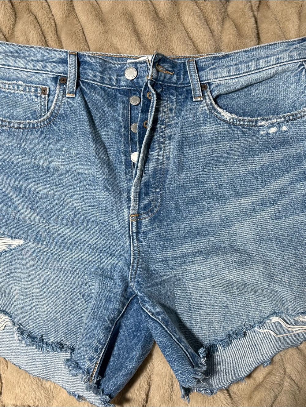 Denim Forum Ex Boyfriend High-Rise Distressed Jean Shorts- light blue - Picture 2 of 6
